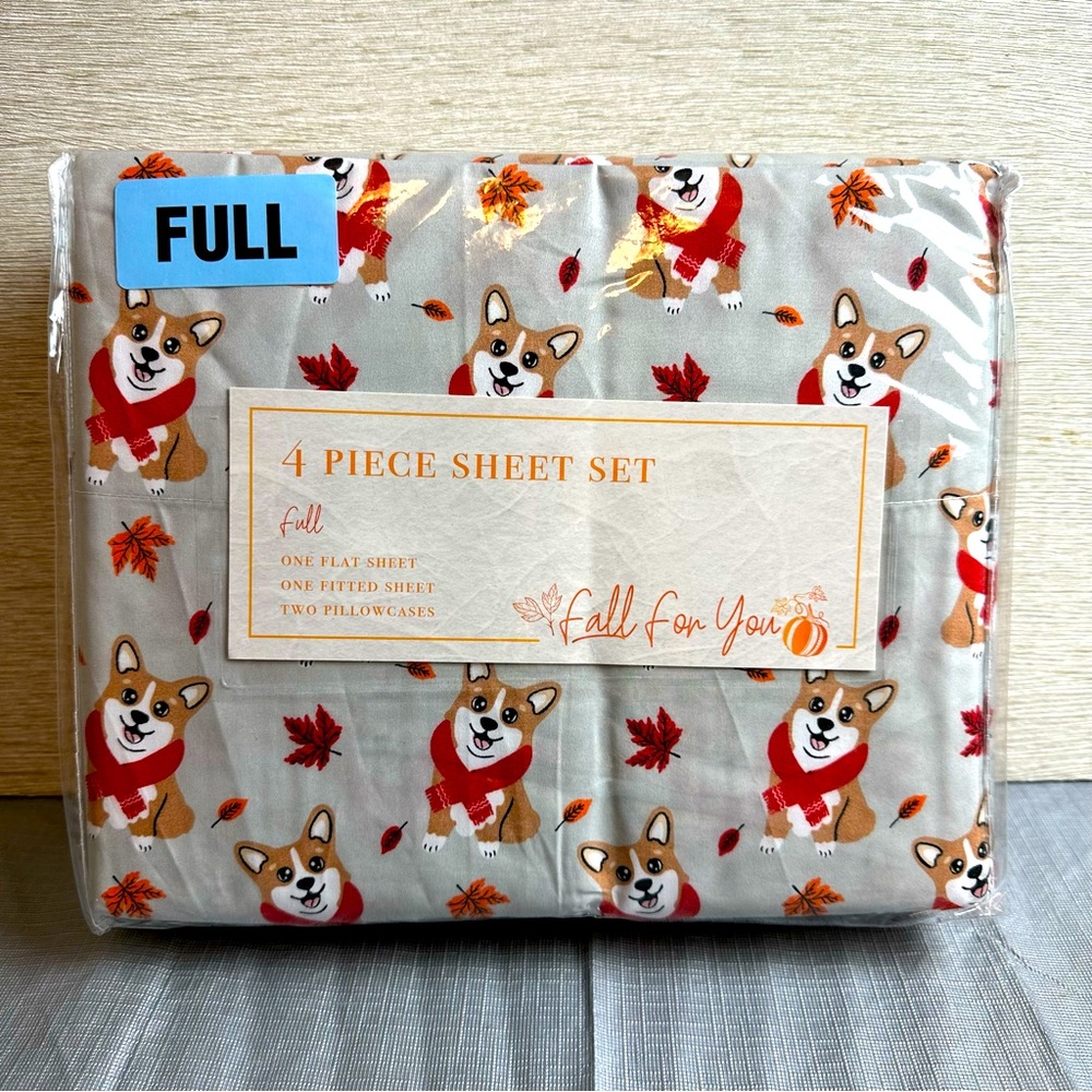 Fall Autumn Corgi Dog Bed Sheets FULL SIZE Set